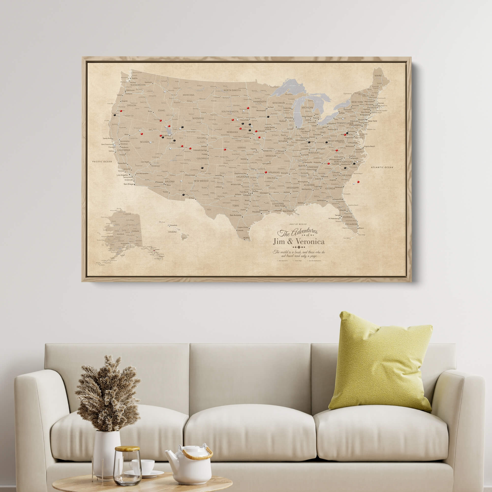 Canvas - Vintage USA Push Pin Travel Map with pins