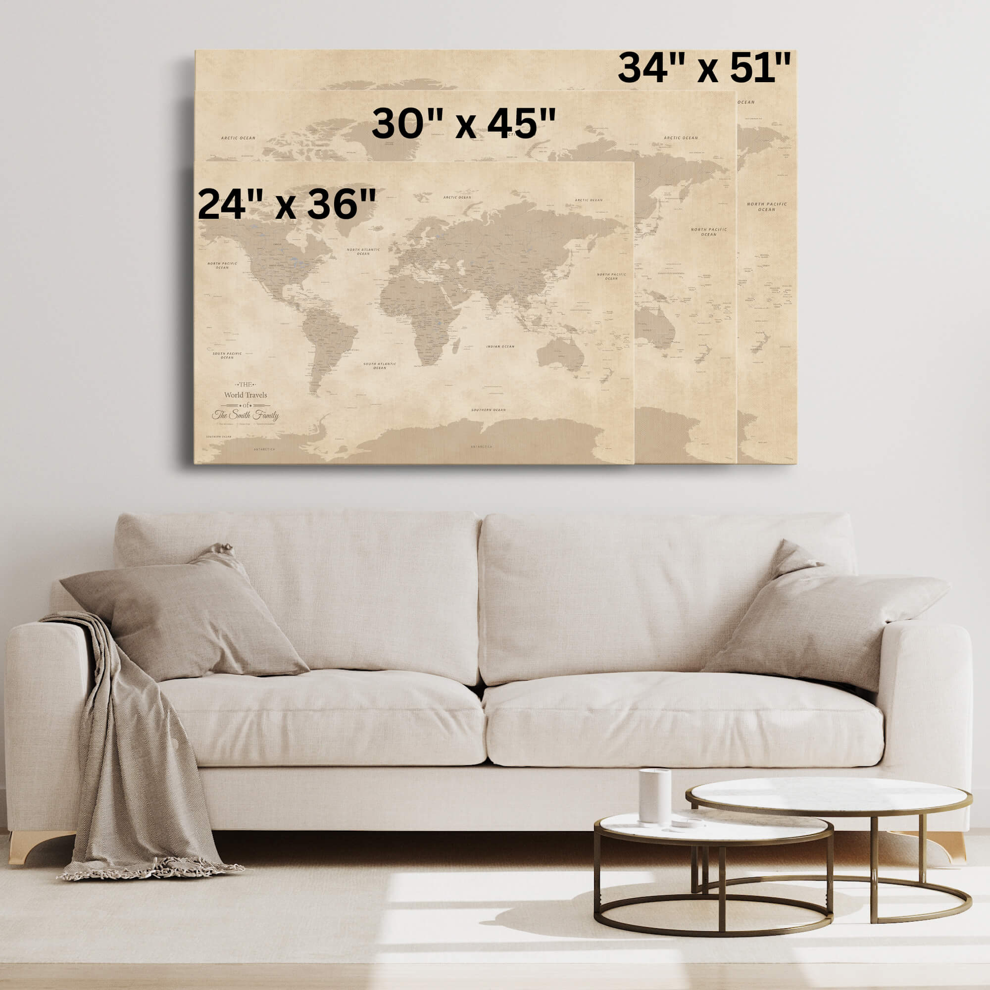 Gallery Wrapped - Vintage World Push Pin Travel Map with pins