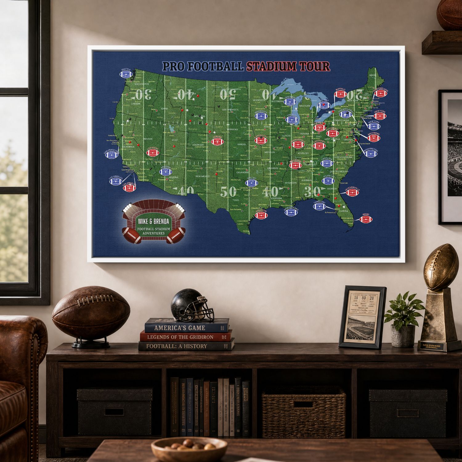 Canvas - Football Stadium Push Pin Travel Map with Pins