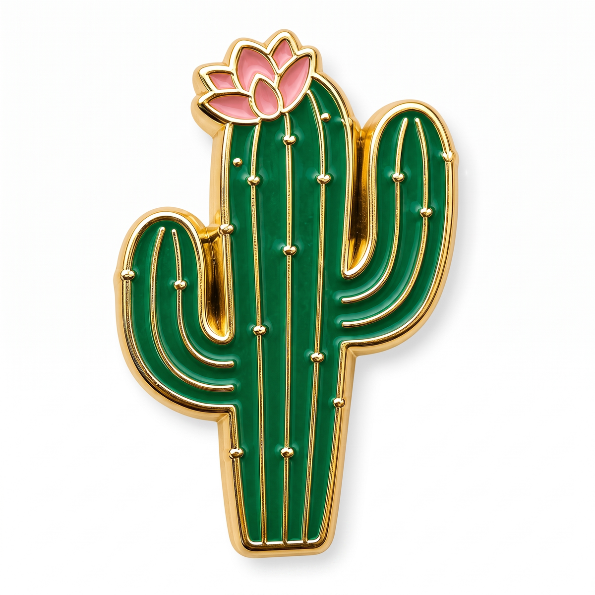 Cactus enamel pin - green soft enamel cactus push pin and lapel pin with pink flower and gold detail