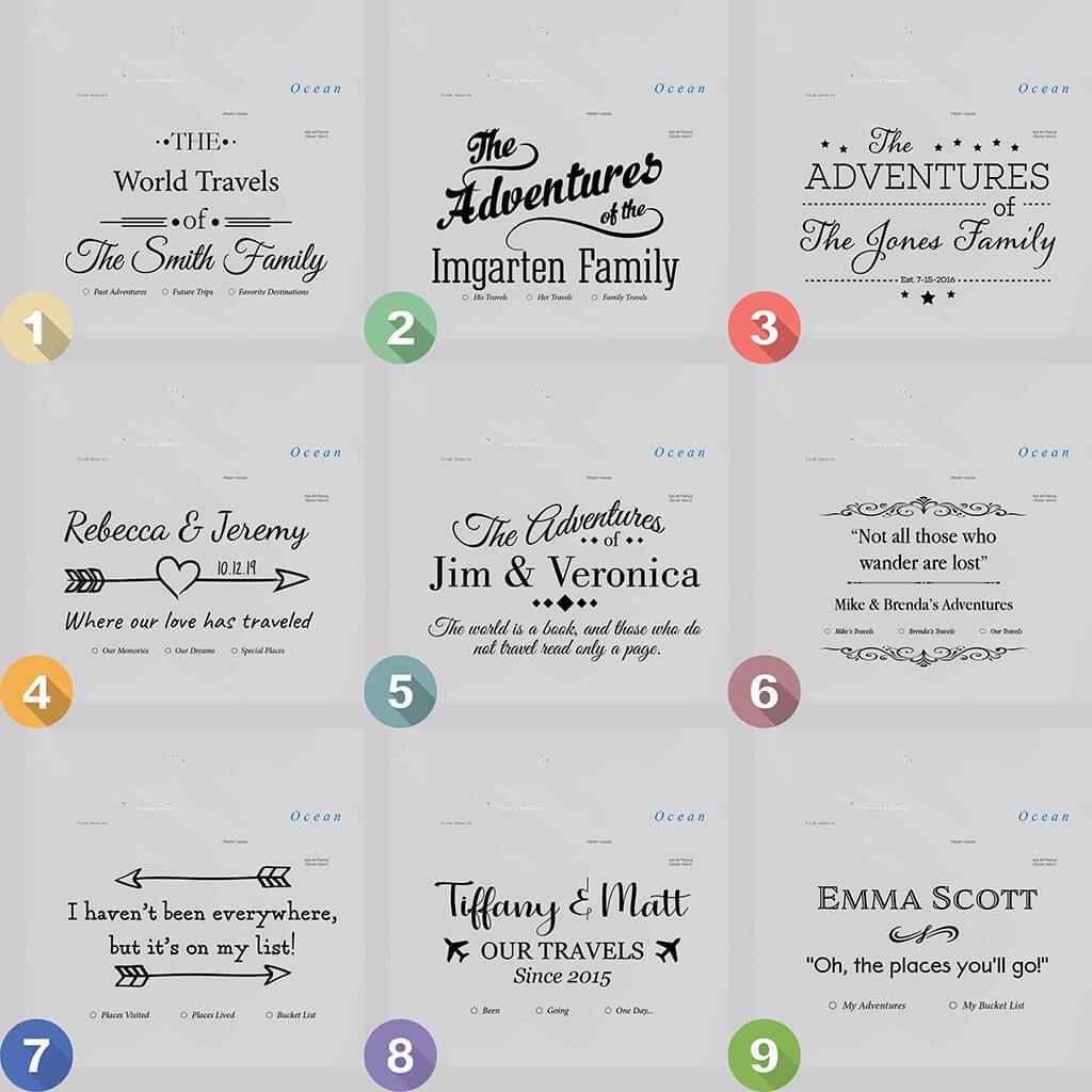Nine personalized legend design templates for Enchanting Emerald Watercolor canvas world travel map with pins