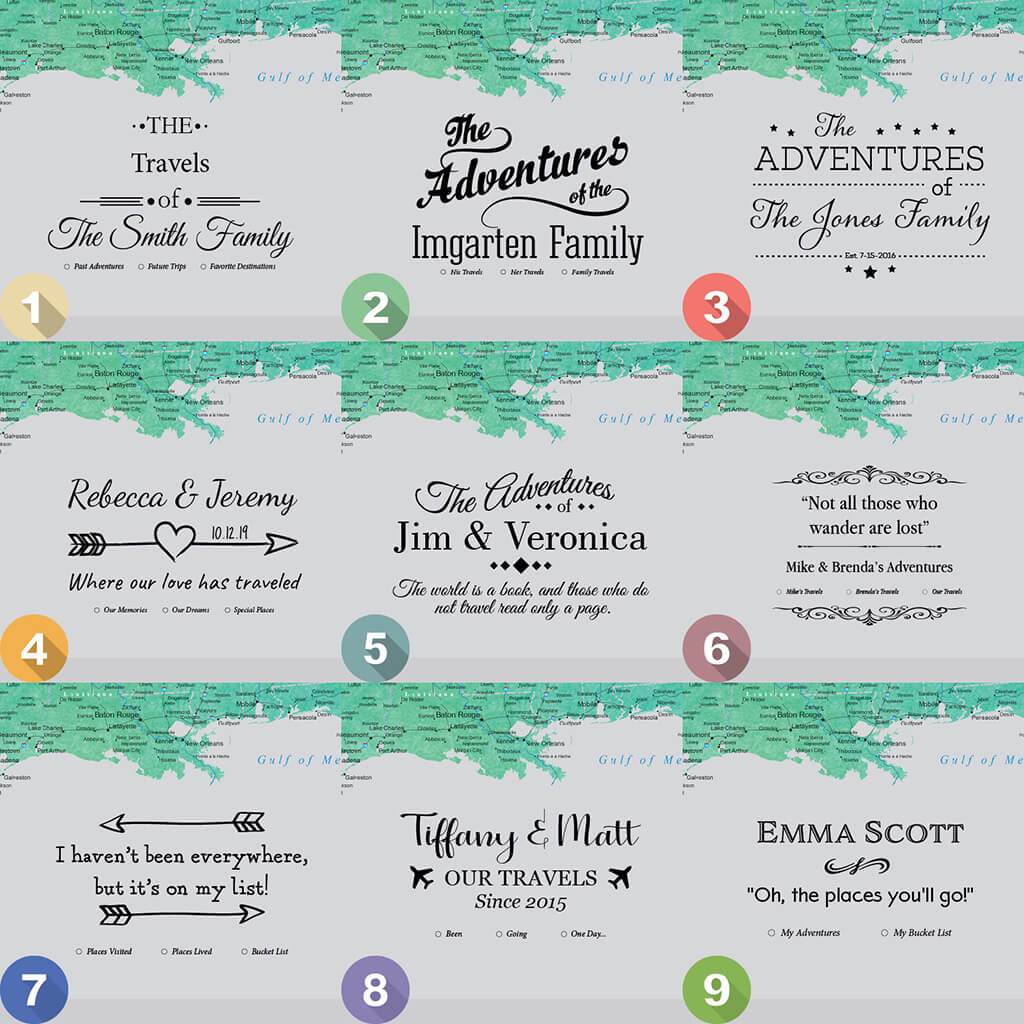 Nine personalized title style options for Enchanting Emerald Watercolor USA Canvas travel map with pins