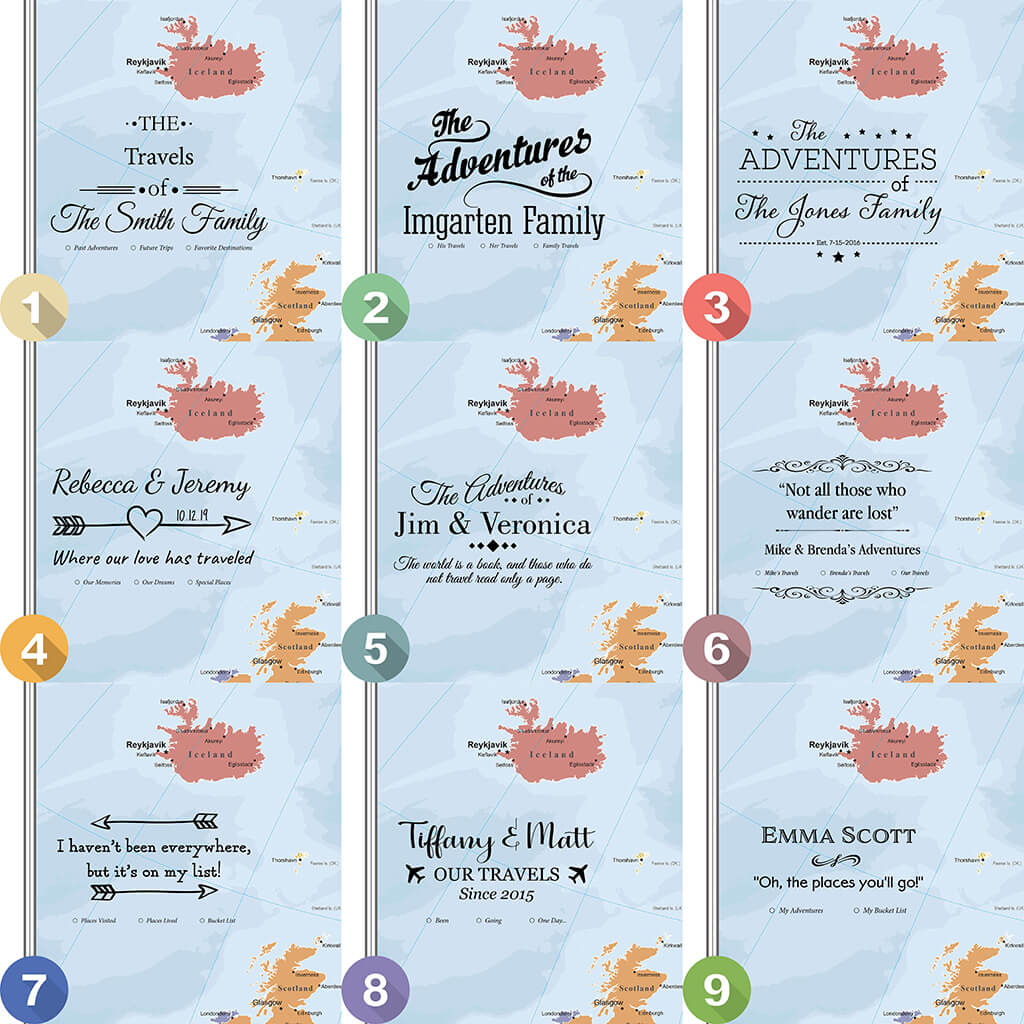 Nine personalized title design options for Blue Oceans Canvas Europe Travel Map with pins featuring Iceland and Scotland