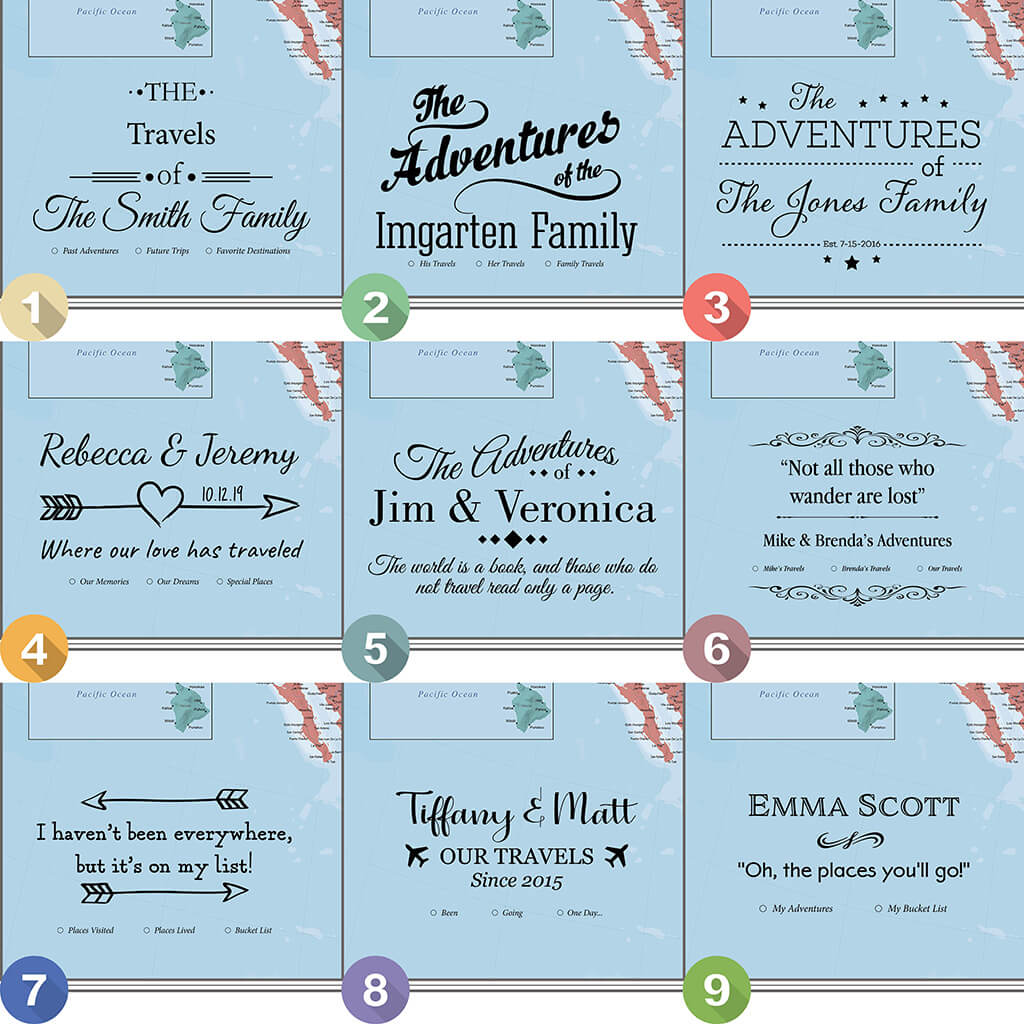 Nine personalized title style options for blue oceans North America canvas travel map with pins