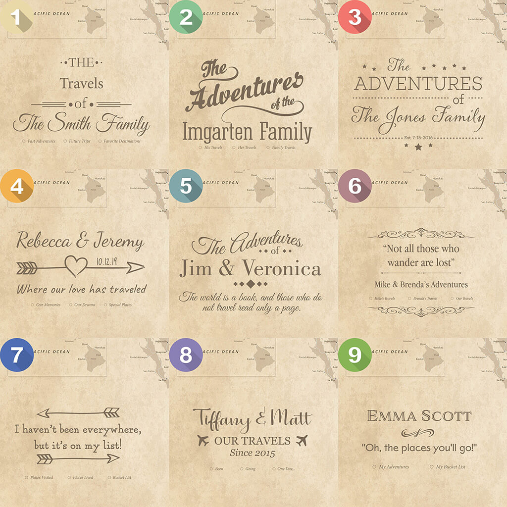 Nine personalized vintage North America travel map title card design options on aged parchment background