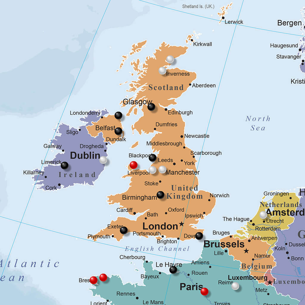 Blue Oceans Europe travel map with pins marking cities across UK Ireland and France on gallery wrapped canvas