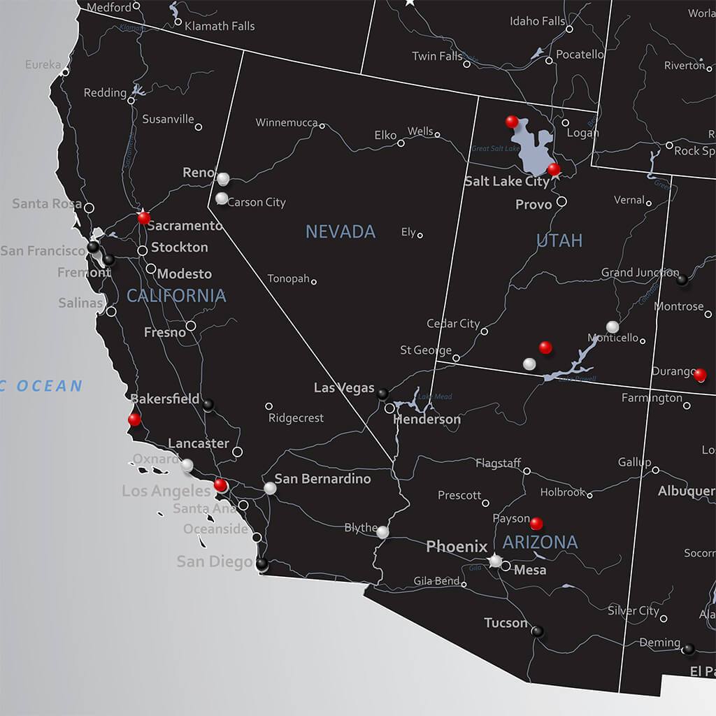 Closeup of Black Ice USA Canvas Push Pin Map