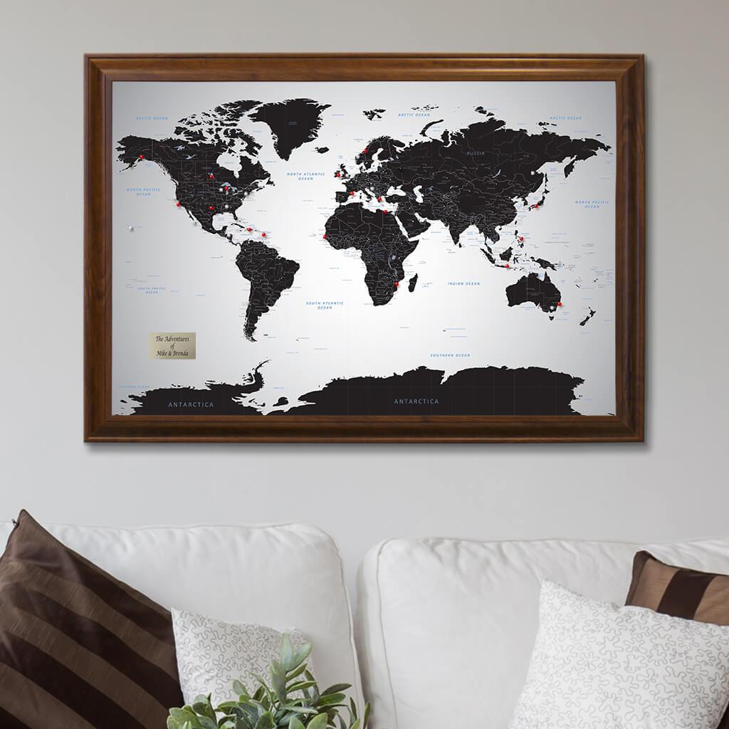 Push Pin Travel Map - Black Ice World Map in Brown Frame