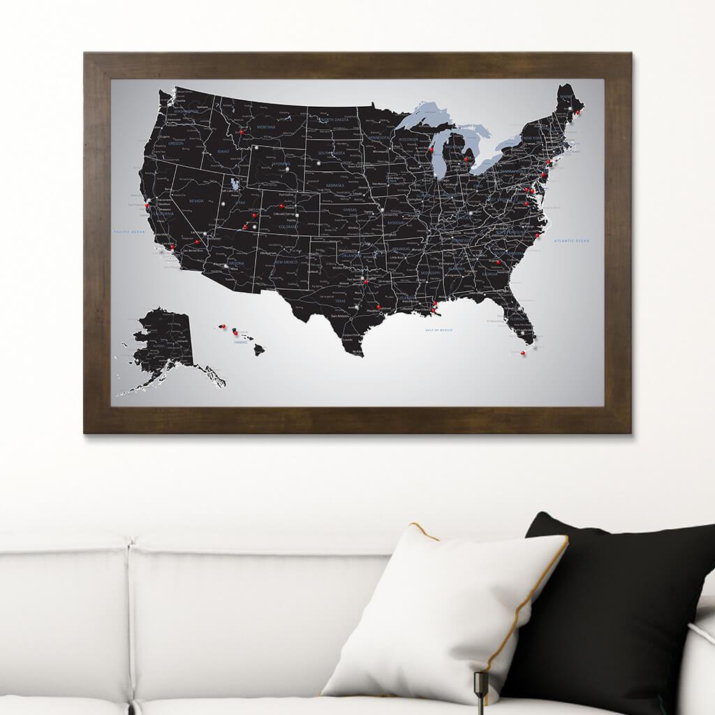 Black Ice USA Push Pin Travel Map in Rustic Brown Frame