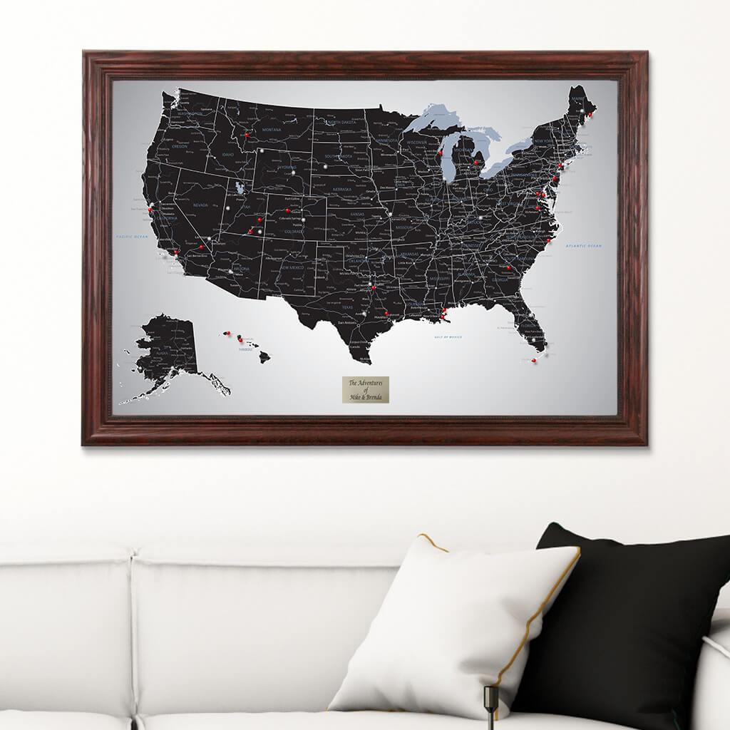 Black Ice USA Push Pin Travel Map with Solid Wood Cherry Frame