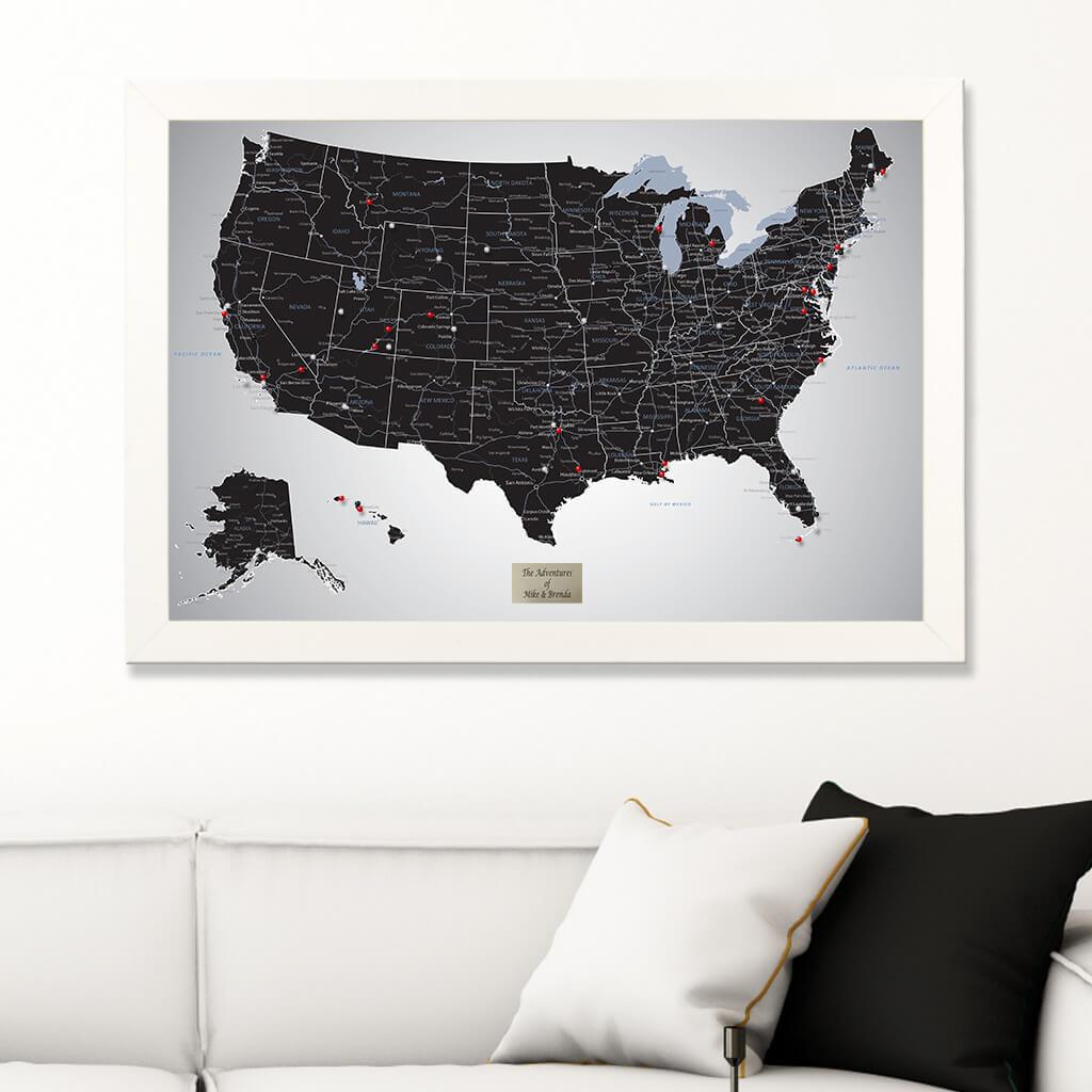 Black Ice USA Push Pin Travel Map in Textured White Frame