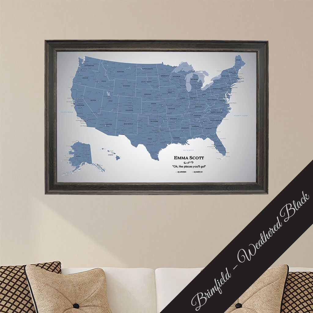 Framed Canvas Blue Ice US Travel Map in Brimfield Black Frame