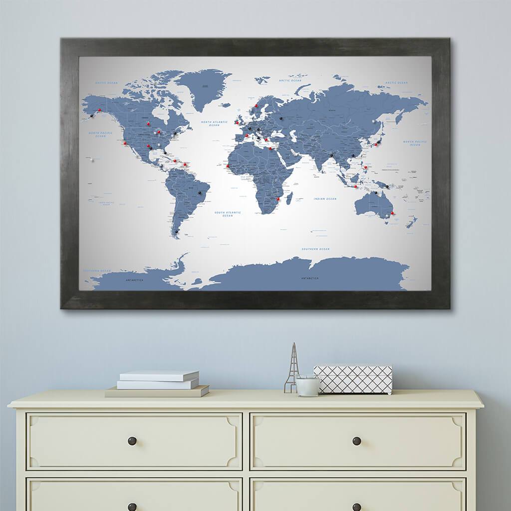 Blue Ice World Travel Map with Rustic Black Frame