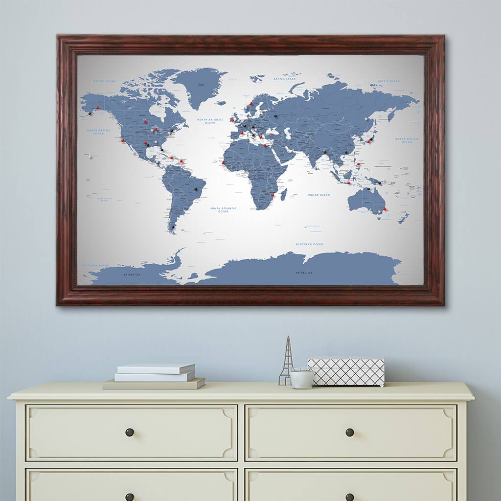 Blue Ice World Travel Map with Solid Wood Cherry Frame