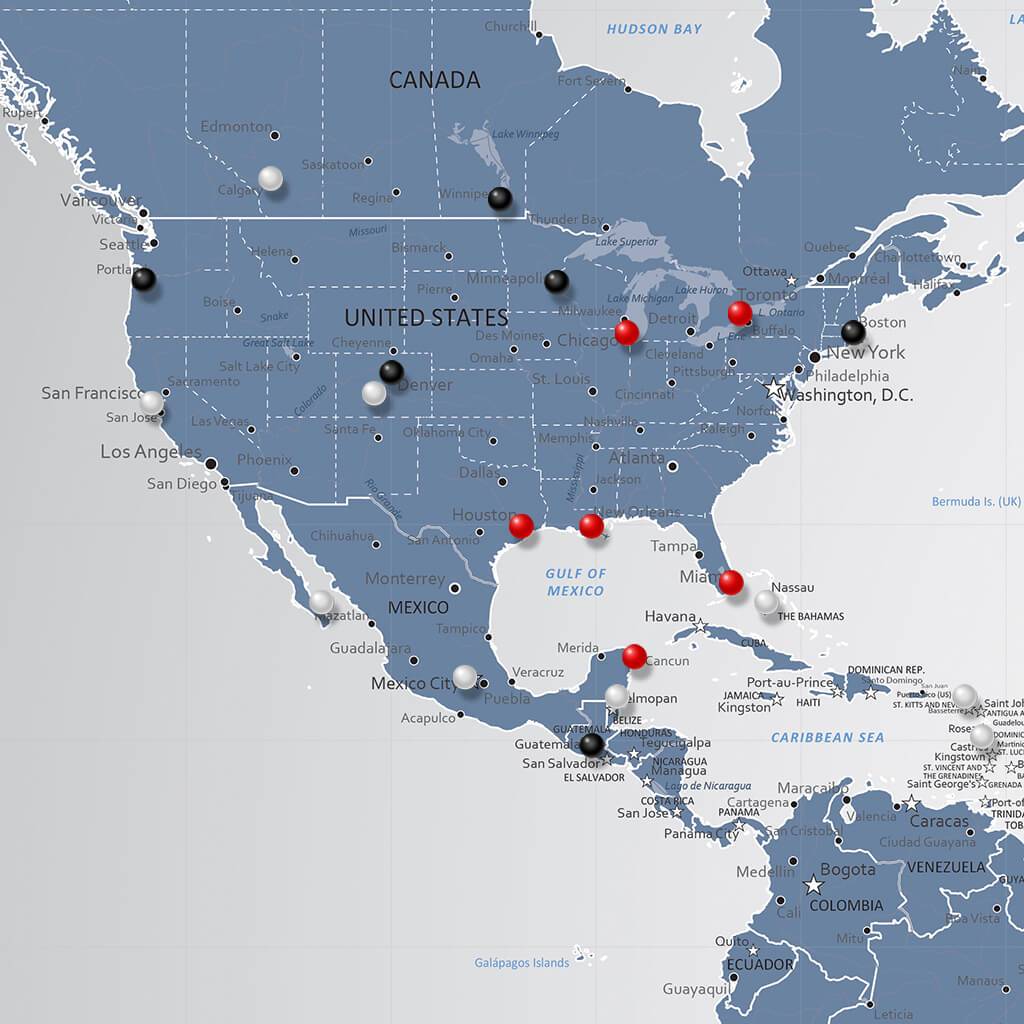 Closeup of US on Blue Ice World Pin Map