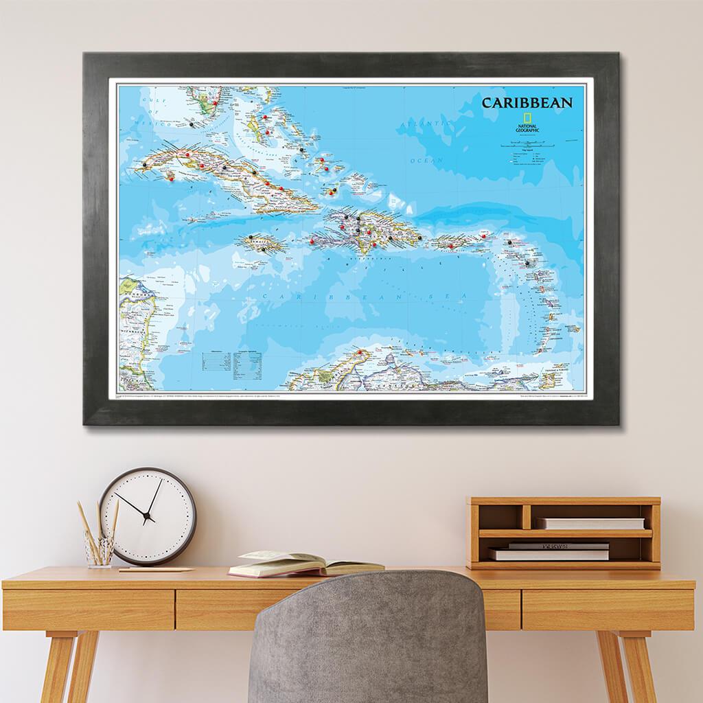 Classic Caribbean Push Pin Travel Map in Rustic Black Frame