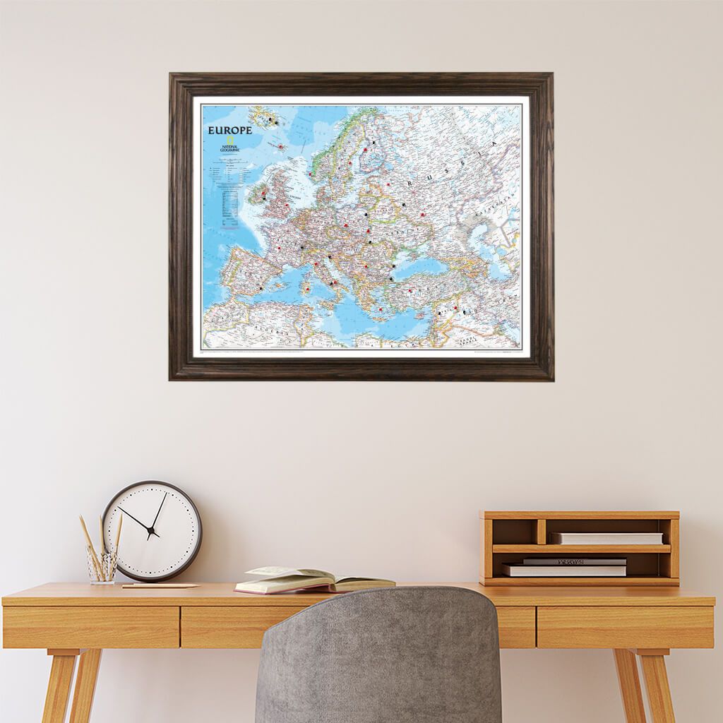 Push Pin Travel Maps Classic Europe in Solid Wood Brown Frame