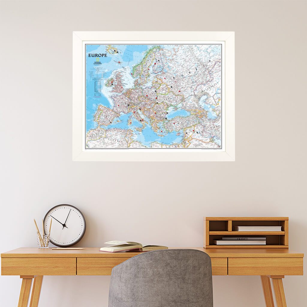 Push Pin Travel Maps Classic Europe in Textured White  Frame