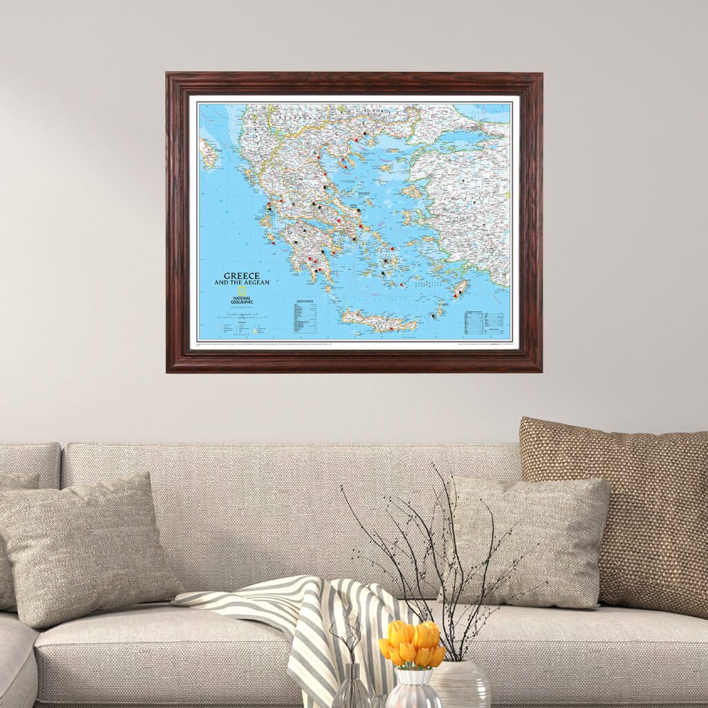Push Pin Travel Maps Classic Greece in Solid Wood Cherry Frame