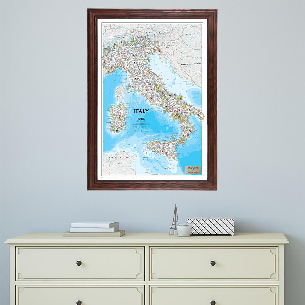 Classic Italy Push Pin Travel Map in Solid Wood Cherry Frame
