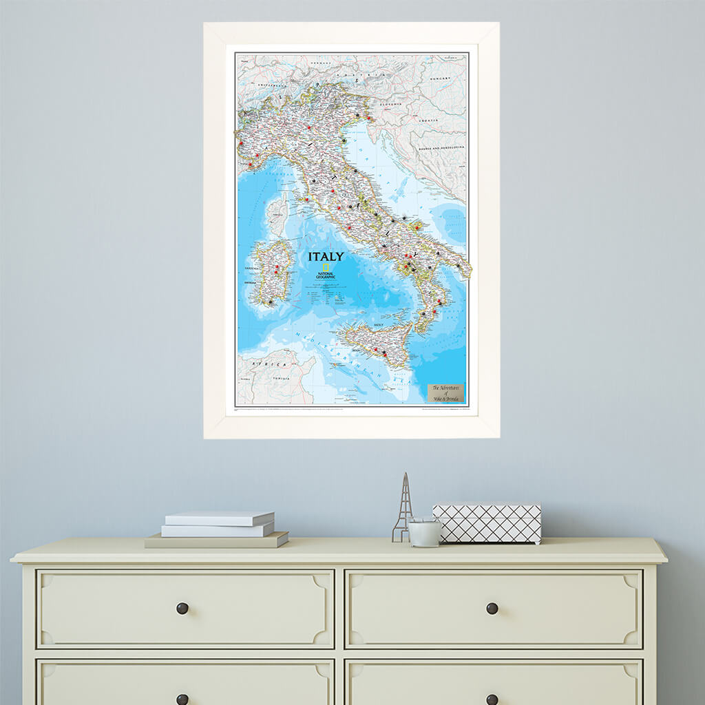 Classic Italy Push Pin Travel Map in Textured White Frame