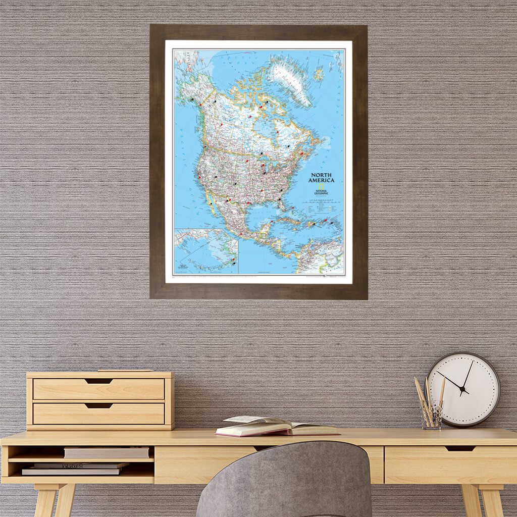 North America Travel Map in Rustic Brown Frame