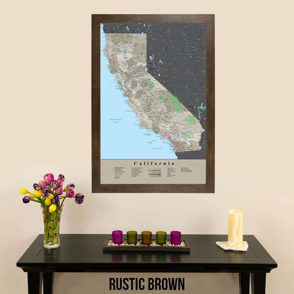 Framed California Earth Toned Travel Map with Push Pins in Rustic Brown Frame