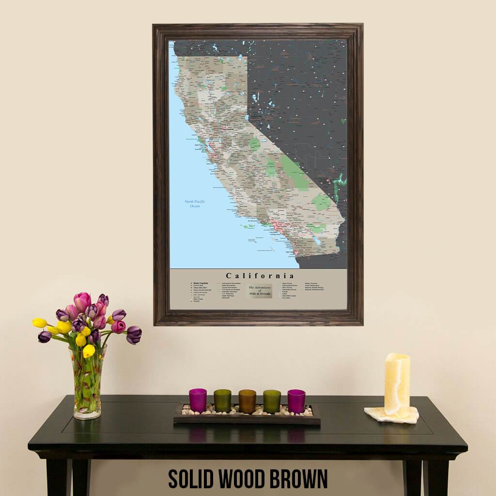 Framed California Earth Toned Travel Map with Push Pins in Solid Wood Brown FRAME