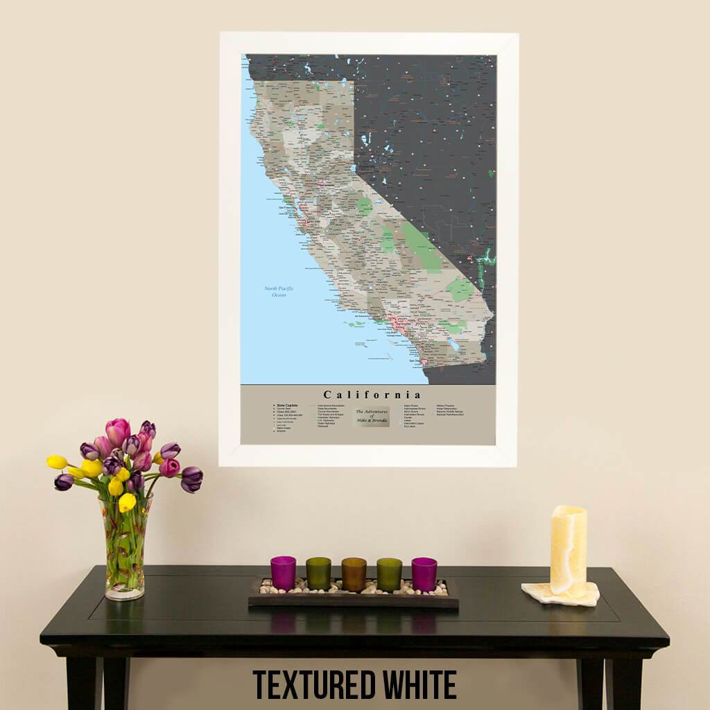 Framed California Earth Toned Travel Map with Push Pins in Textured White Frame