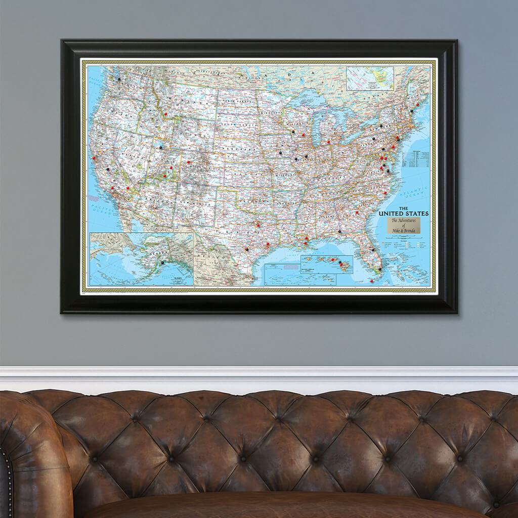 Classic USA Push Pin Map in Black Frame