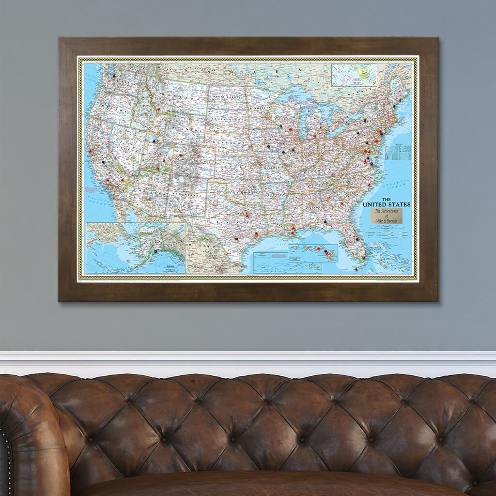 Classic USA Push Pin Map in Rustic Brown Frame