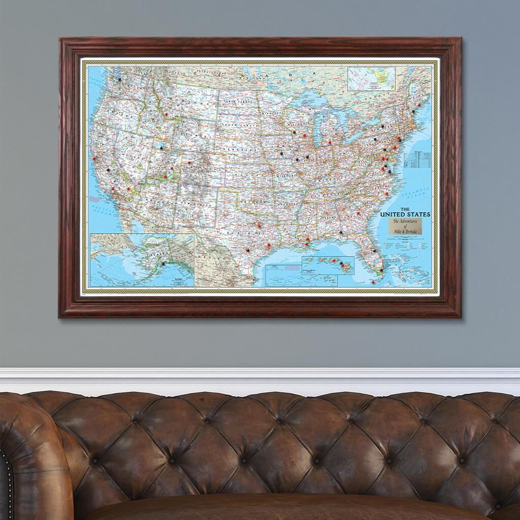 Classic USA Push Pin Map in Solid Wood Cherry Frame