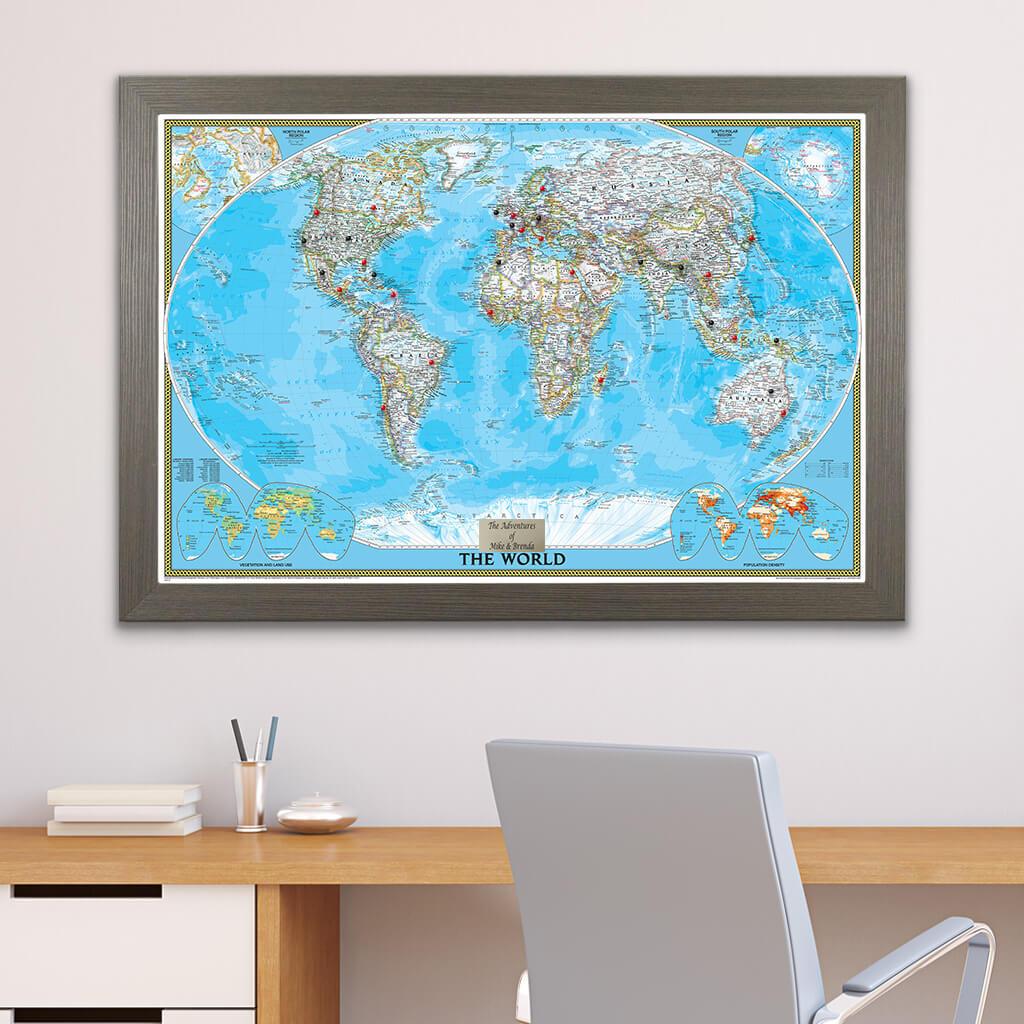 Classic World Push Pin Travel Map with Pins in Barnwood Gray Frame