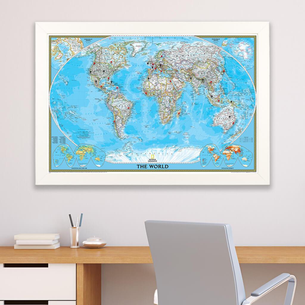 Classic World Push Pin Travel Map Textured White Frame