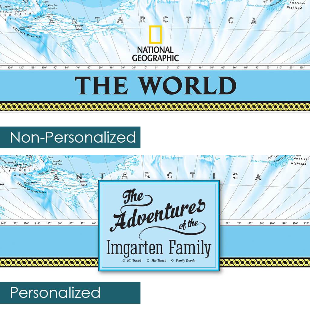National Geographic Classic World Travel Map showing personalized versus non-personalized canvas options with blue Antarctica detail