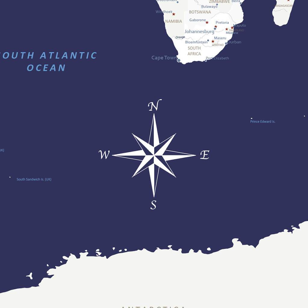 Navy Explorers canvas world map close-up showing South Africa, South Atlantic Ocean, and white compass rose with pins