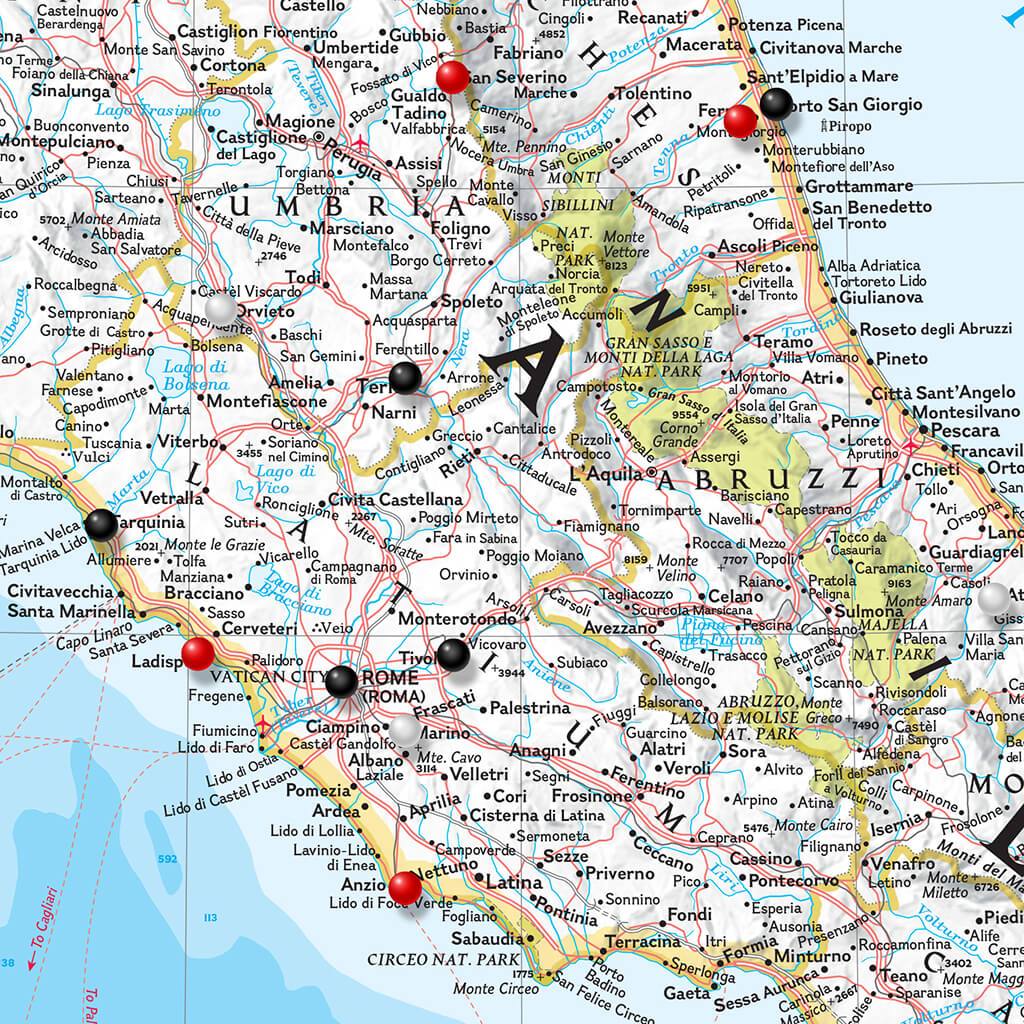 Closeup of Classic Italy Push Pin Travel Map