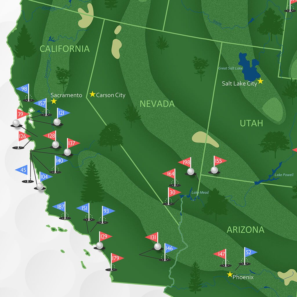 Close-up of US golf courses travel map showing California Nevada Arizona Utah with numbered pin markers