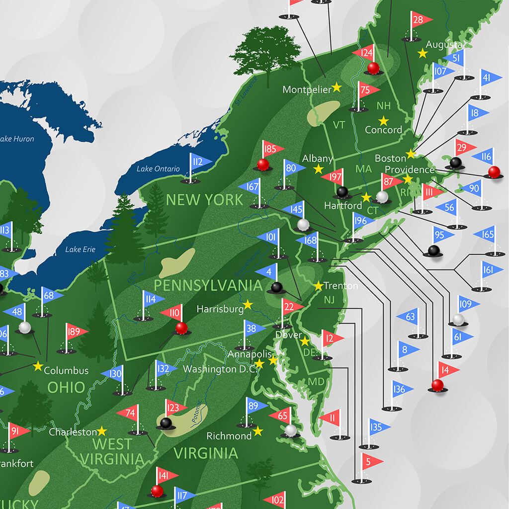 Close-up of US golf courses travel map canvas showing Northeast states with numbered pin markers and golf flags