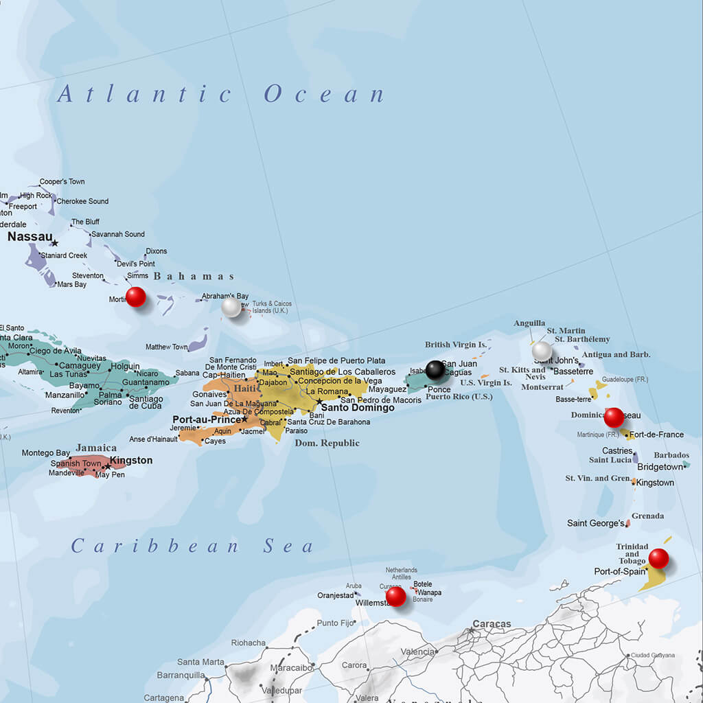 Caribbean Sea Atlantic Ocean travel map canvas with red and black location pins marking visited islands