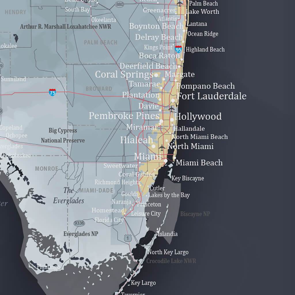 Push Pin Travel Maps Florida State Slate Colored Map with pins Closeup of East Coast