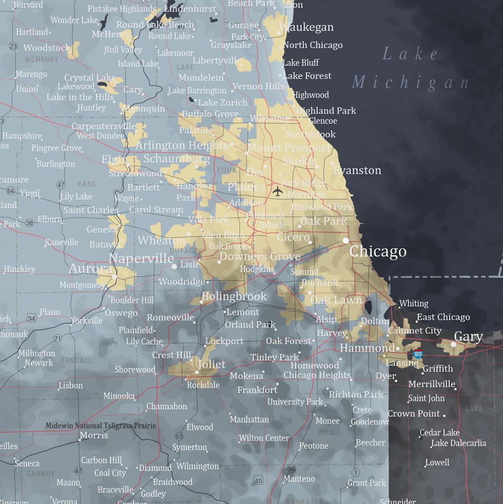 Push Pin Travel Maps Illinois Slate Map with Pins Closeup