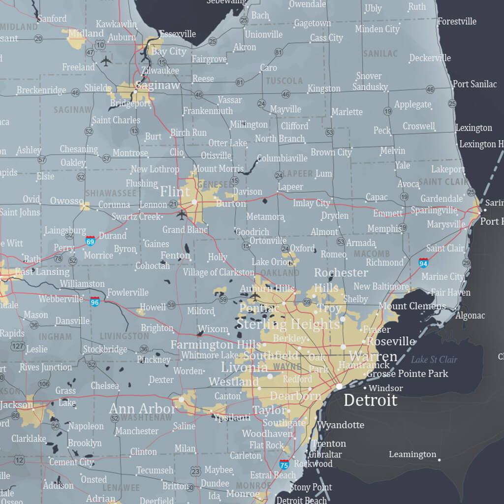Push Pin Travel Maps Michigan Slate Travel Map with Pins Closeup of Detroit