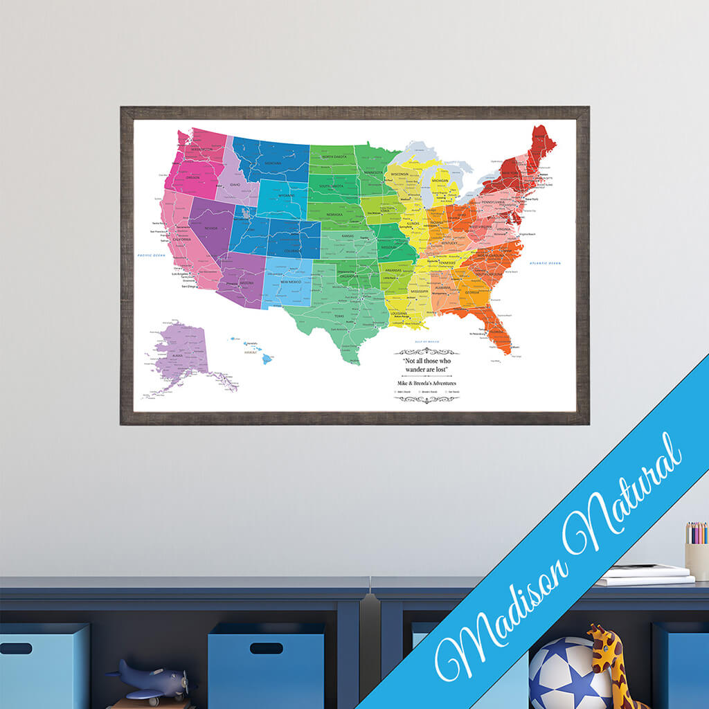 Canvas Colorful USA Travel Map with Madison Natural Brown Frame