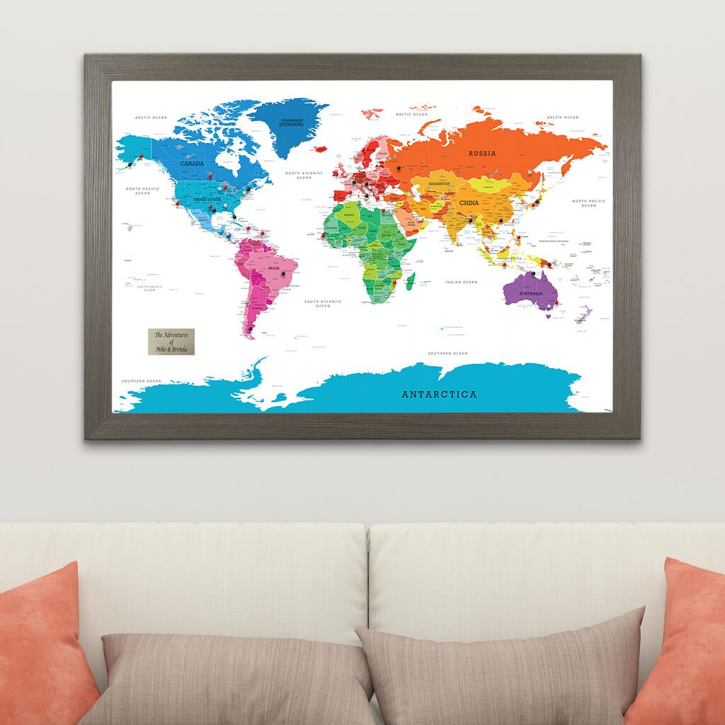 Push Pin Map Colorful World Map with Barnwood Gray Frame