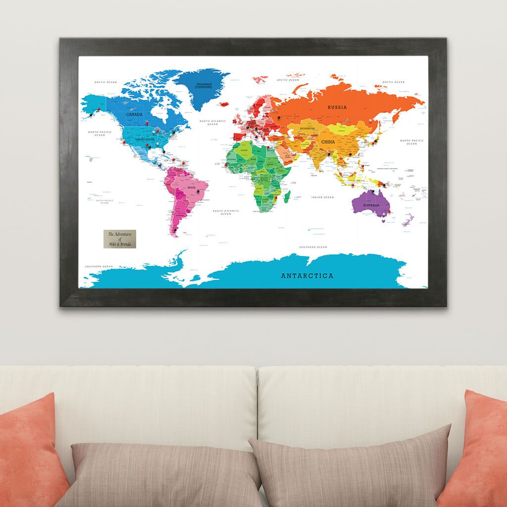 Colorful World Travelers Map with Rustic Black Frame