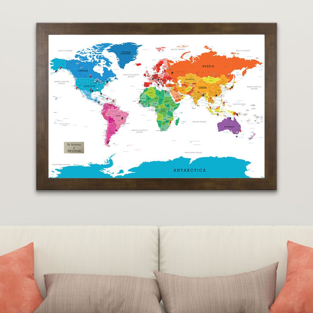 Colorful World Pinboard Map with Rustic Brown Frame