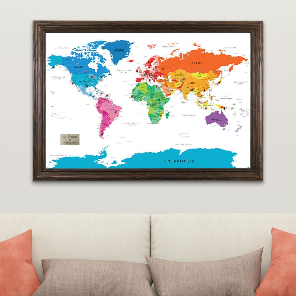 Colorful World Push Pin Travel Map with Solid Wood Brown Frame