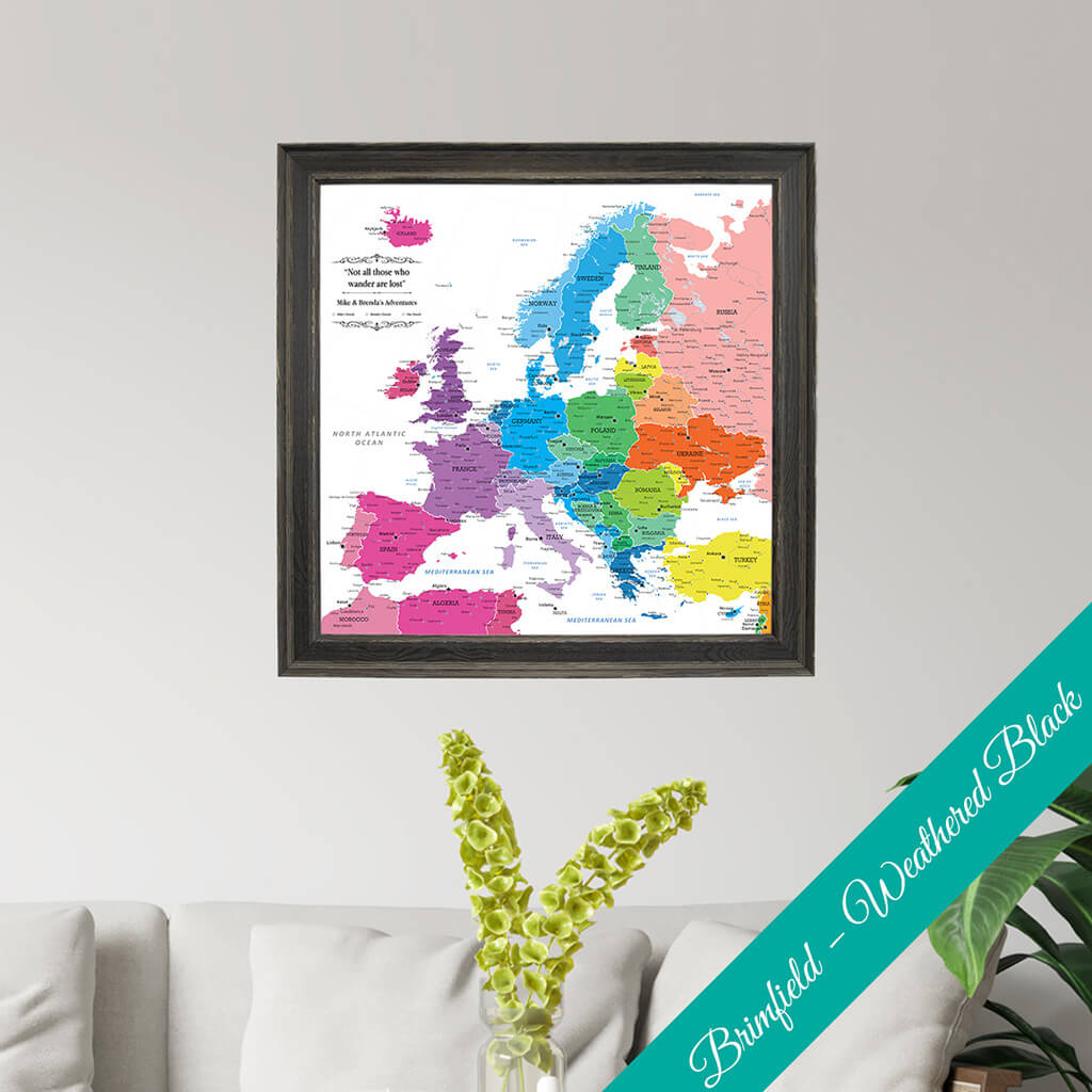 Framed Canvas Colorful Europe Push Pin Travel Map - Square - Brimfield Black Frame