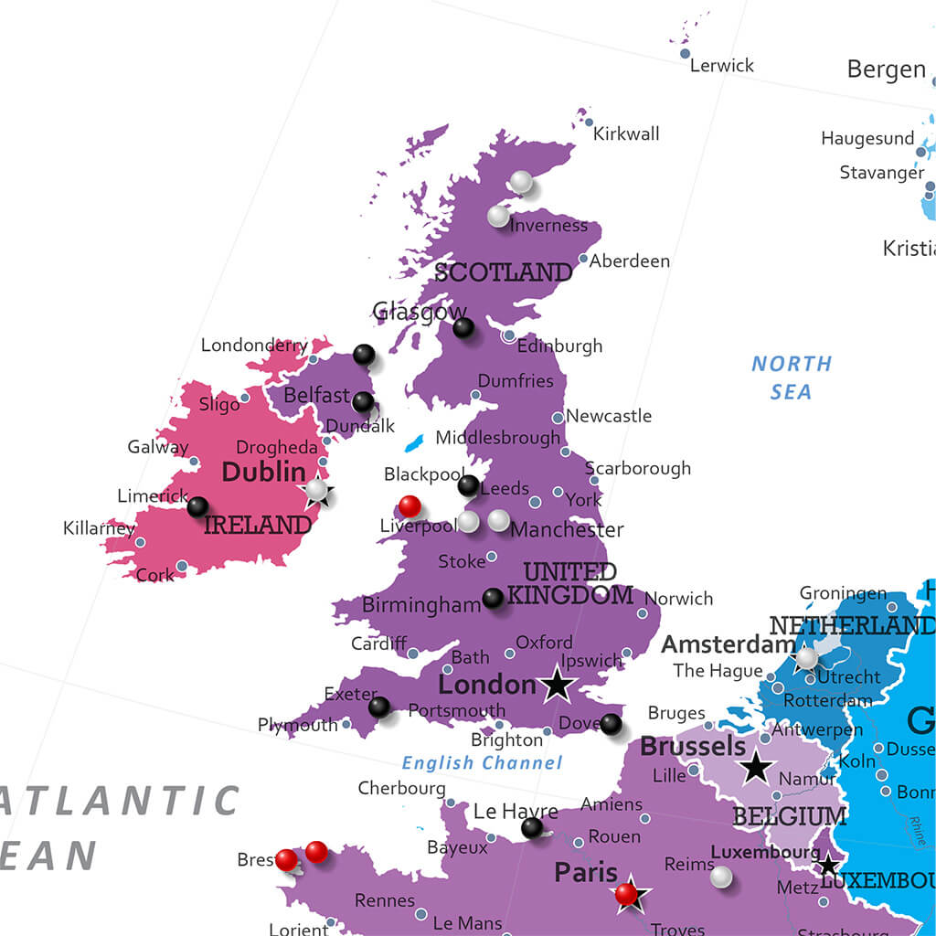 Closeup on Square Colorful Europe Push Pin Map